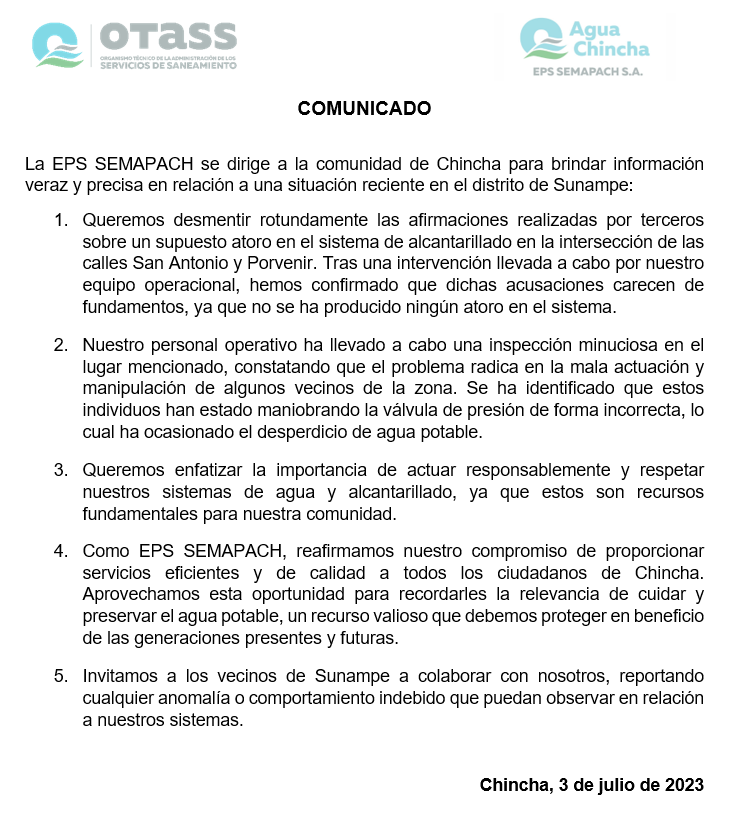 OtassPeru's tweet photo. 📍 #Chincha | Comunicado de la EPS #Semapach sobre el problema reportado en el distrito de #Sunampe. https://t.co/ltaK1KwmcB