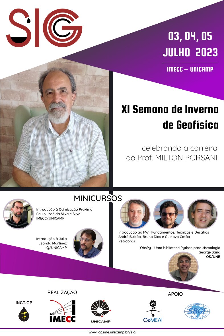 Começou hoje no IMECC a XI edição da Semana de Inverno de Geofísica, organizada pelo Grupo de Geofísica Computacional (GGC). Esta edição faz uma homenagem ao Prof. Milton Porsani, pelos 50 anos de dedicação à Geofísica. O evento vai até 4a feira. lgc.ime.unicamp.br/sig/