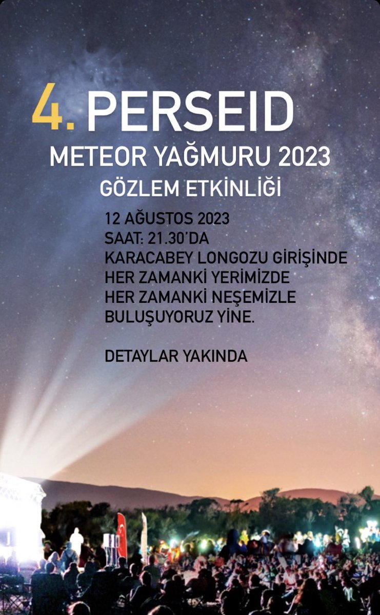 Bu yıl 4. kez gerçekleştireceğimiz meteor yağmuru izleme etkinliği için ön hatırlatma. Takvimi, saati ve konumu not edin. Geçen yılki buluşmalara gelenler tecrübelerini alta yorumlara yazarsa sevinirim. Yeni gelecek olanlara tüyo olur :) Ayrıntılı bilgilendirmeyi yakında