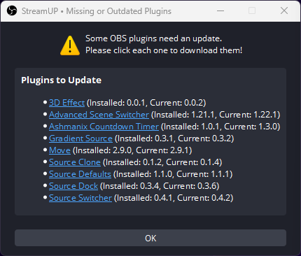 Andi_Stone's tweet photo. OBS Plugin Updater update - All seems good!
✅No longer locks up OBS when menus are open.
✅Auto checks for updates on OBS start up.
✅Added more error catches!

If y'all get 100+ likes on this, i'll upload...😏

I do want to add a toggle for checking plugin updates at start up https://t.co/yGSX0sIQ4Y