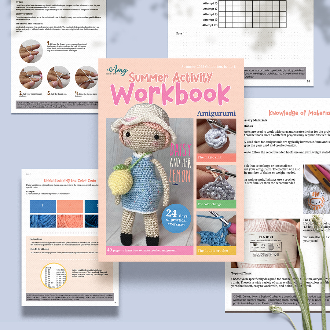 Excited to announce the release of our new crochet amigurumi workbook for summer! 🌞 Dive into the world of adorable stuffed toys with our 50-page guide featuring 24 days of theory and technique exercises. #CrochetFun #Amigurumi #Crafting