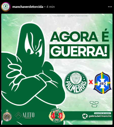 🚨⚠️

Forte nota da Mancha Alviverde "declarando guerra" contra a CBF!

A maior organizada do Palmeiras listou erros contra o Palmeiras e foi firme no posicionamento contra a CBF. Destaque para o trecho: "Pois esta é a vocação da Sociedade Esportiva Palmeiras: lutar para ganhar