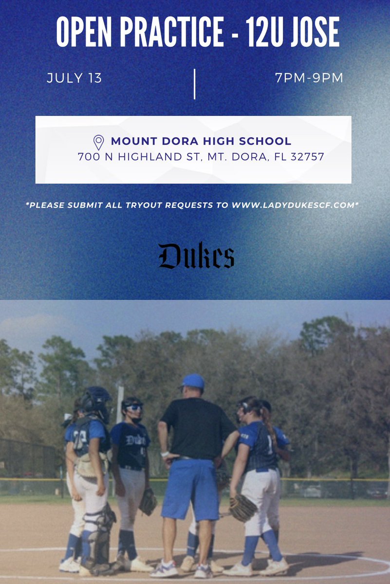 ladydukescf's tweet photo. 🚨OPEN PRACTICE 🚨 

Our 12U Jose Team will be hosting an Open Practice next Thursday, 7/13. They are looking for competitive 2011’s who are ready to learn, grow, and play hard 🥎💪

*Please be sure to register your athlete for the tryout at https://t.co/SlxiBrDs3H*

Go Dukes! 💙 https://t.co/d9y8ychH4n