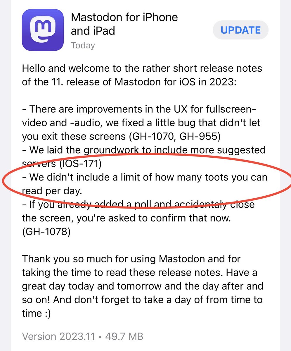 Cheeky little line in the latest #Mastodon app release notes.