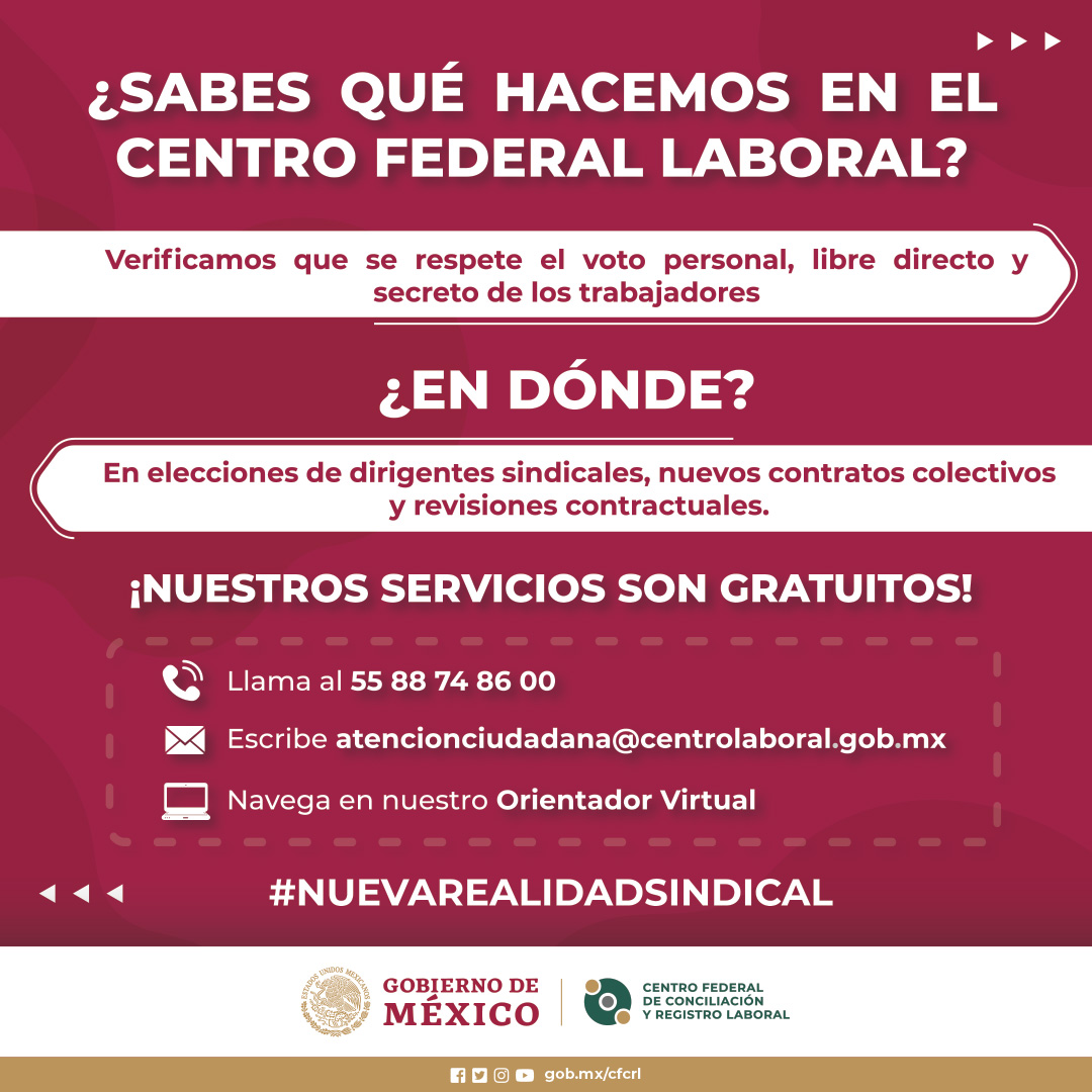 Centrofcrl's tweet photo. ¿Ya nos conoces?

🟢El #CentroFederalLaboral es el garante de la democracia sindical.🗳️

👉🏼 Visita   nuestra página
🔗 https://t.co/jjfjqCxh0N

👉🏼Llama al 5588748600
🕘De 9 a 18 hrs.

👉🏼Ingresa a nuestro orientador virtual
🔗 https://t.co/4XDdMHWGC2 https://t.co/yNq8l62fxu
