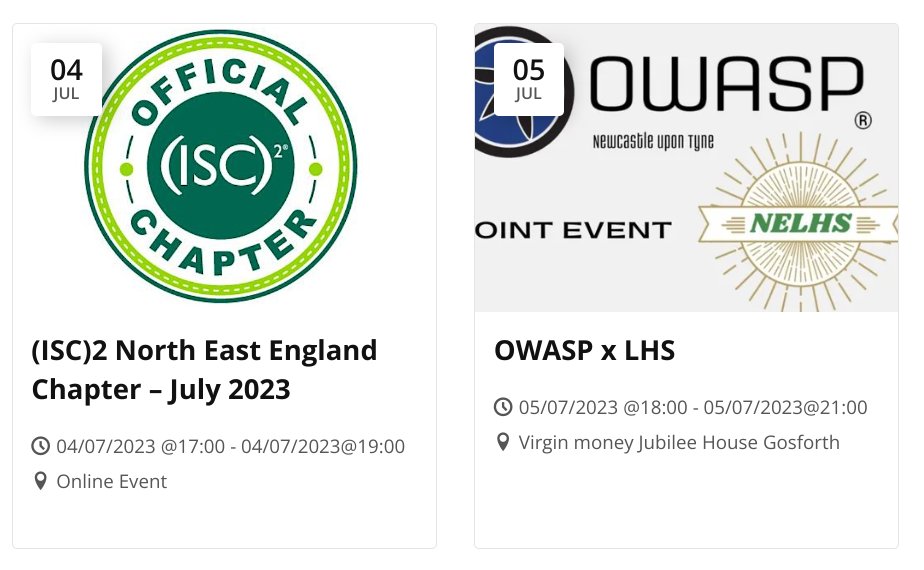 Two events this week, tonight and tomorrow. Check out our events page: cybernorth.biz/events/ @isc2nech @OWASP_Newcastle @NorthEastLHS