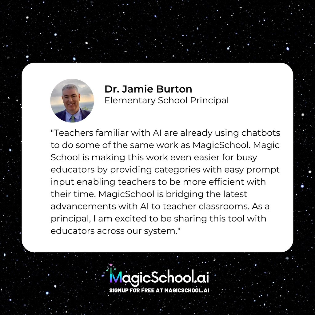magicschoolai's tweet image. Unlocking the power of AI for K-12 classrooms with MagicSchool AI. Our mission is simple, reduce burnout and help teachers tackle support tasking 10x faster.
Learn more at magicschool.ai and sign up for free.
#AIForEducators #AI #MagicSchoolAI #TeachersAreMagic #EdTech