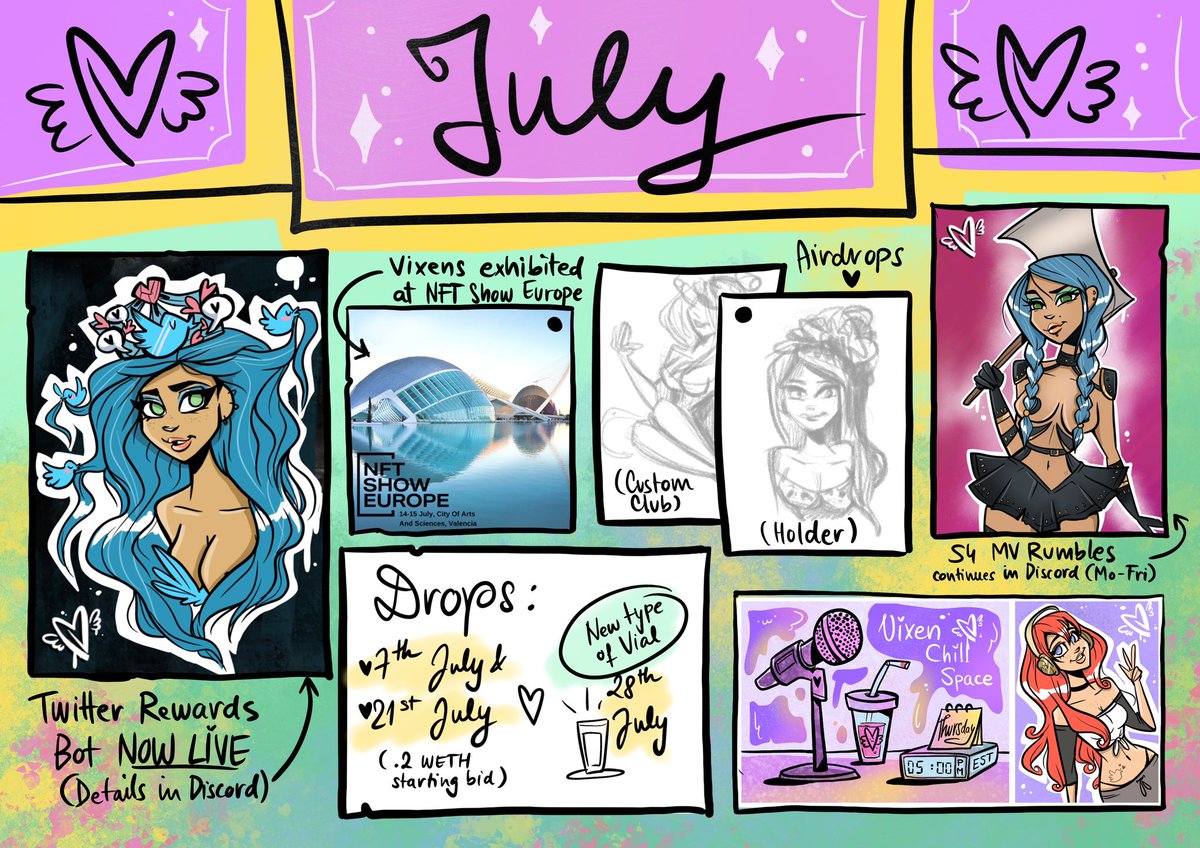 Yay, the July overview is here!!

Two Vixen drops, a brand new Vial reveal, and the Twitter Rewards Bot goes live today! Head over to Discord and make sure to register in order to qualify for winning one of the 12 Tweet Queen Vixens simply by tweeting about Vixens!

Also, really