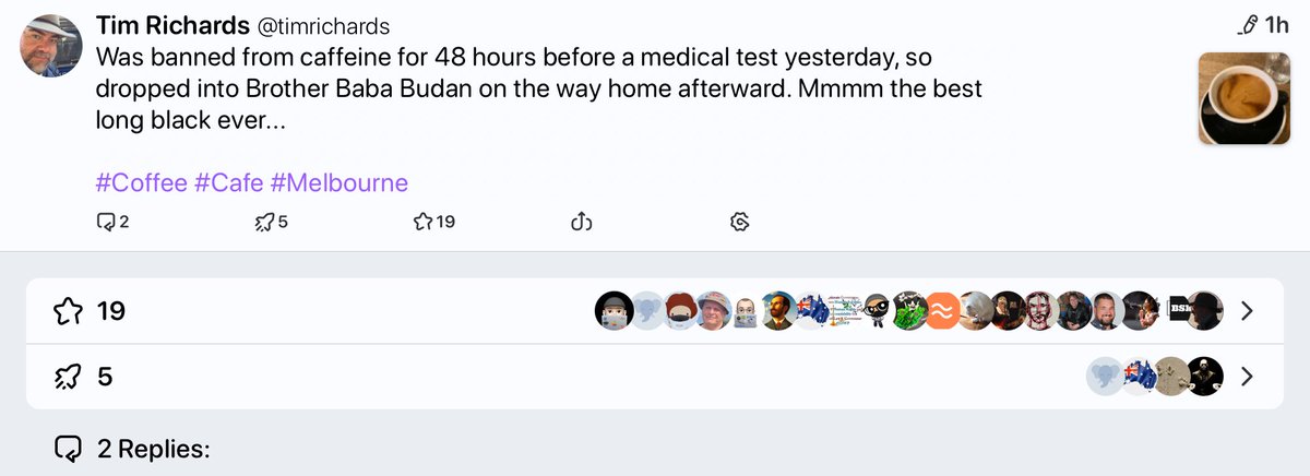 If you haven't given Mastodon a try because you're worried that there's no-one there, here's a casual post I uploaded there this morning which has had plenty of engagement – more engagement than I would get here, I imagine. Come and give it a try! I'm at aus.social/@timrichards