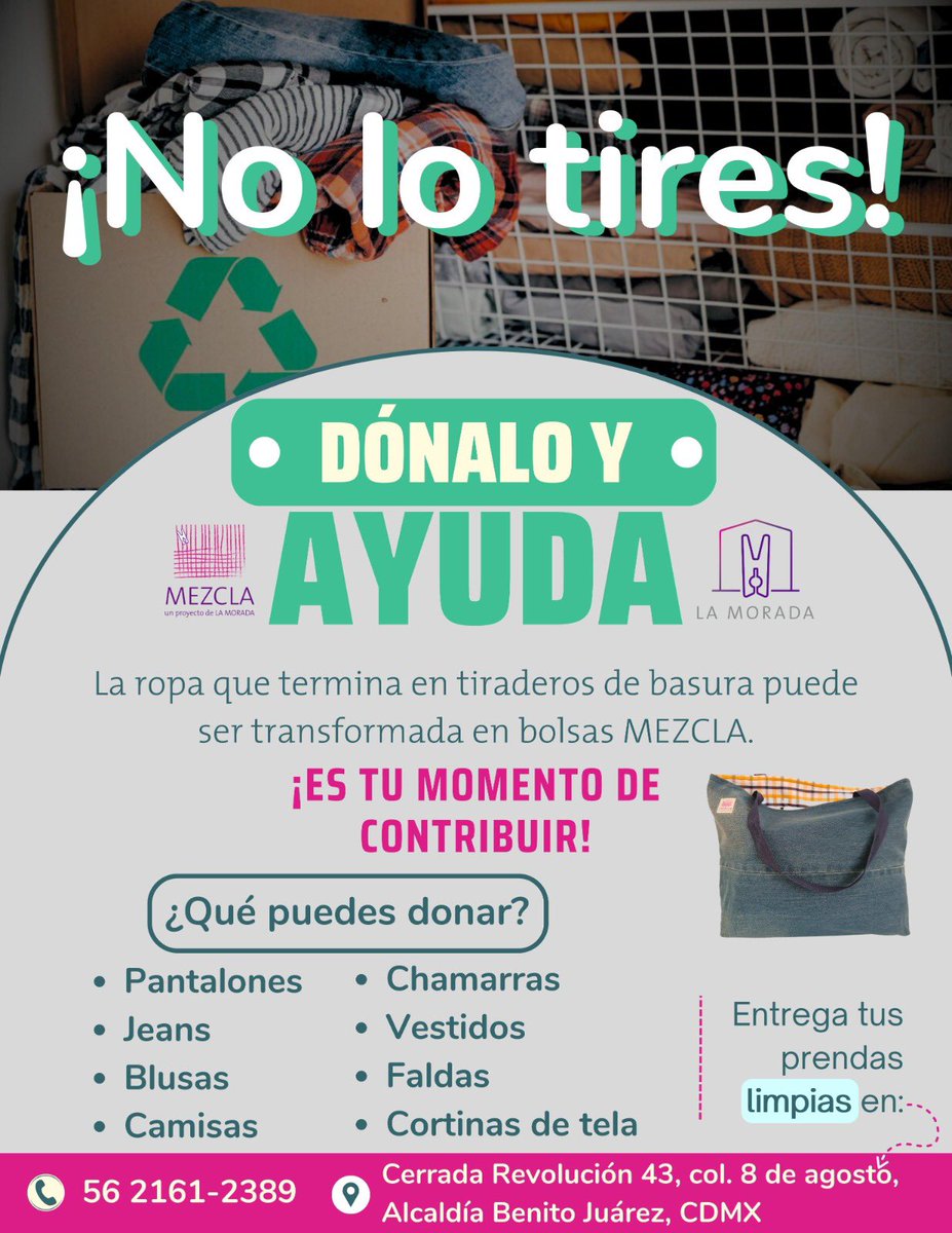 Cada vez hay más basureros de textiles en el planeta, pero esa #HuellaEcologica se puede disminuir. En La Morada, mujeres retornadas, refugiadas y mexicanas en situación de vulnerabilidad elaboran bolsas y artículos afines partir de ropa usada. ¡Colabora! #UpCycling #MEZCLA