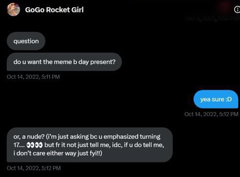 A 26 year old woman is being accused of sending nudes to underage Rocket League players. Even openly admitting to it in DM’s 

Multiple players have accused her of this, hoping to spread word to no longer allow her at LANs.