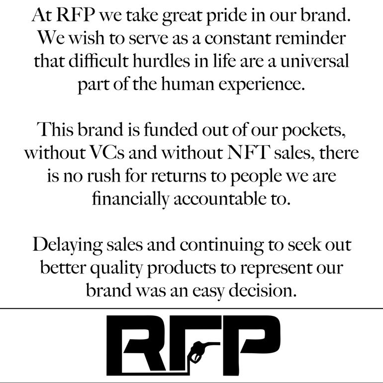 RFP_HQ's tweet photo. Update on Launch:

We received product

The delivery time was inconsistent and our quality expectations were not met, so we've decided to delay.

Expect an update and online store to officially go live this summer.

We will not be discouraged.

Rejection Fuels Perfection. https://t.co/BnlovjeWd9