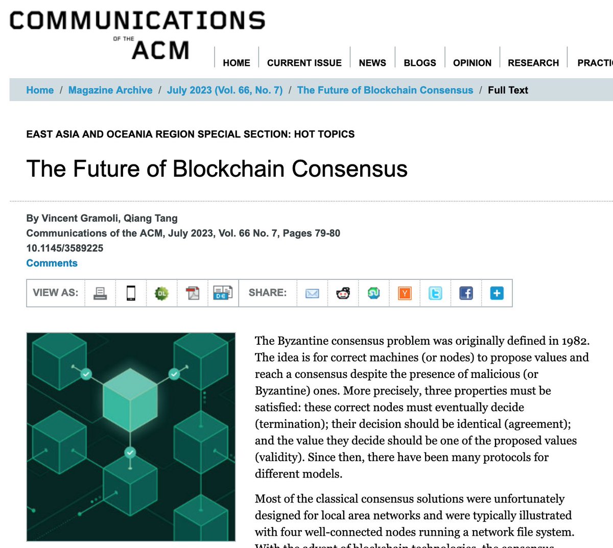 The Future of Blockchain Consensus in <a href="/CACMmag/">Communications of the ACM</a> this month shows how #Redbelly has combined scalability and formal verification with researchers from <a href="/SydneyUni_Media/">Sydney Uni Media</a>