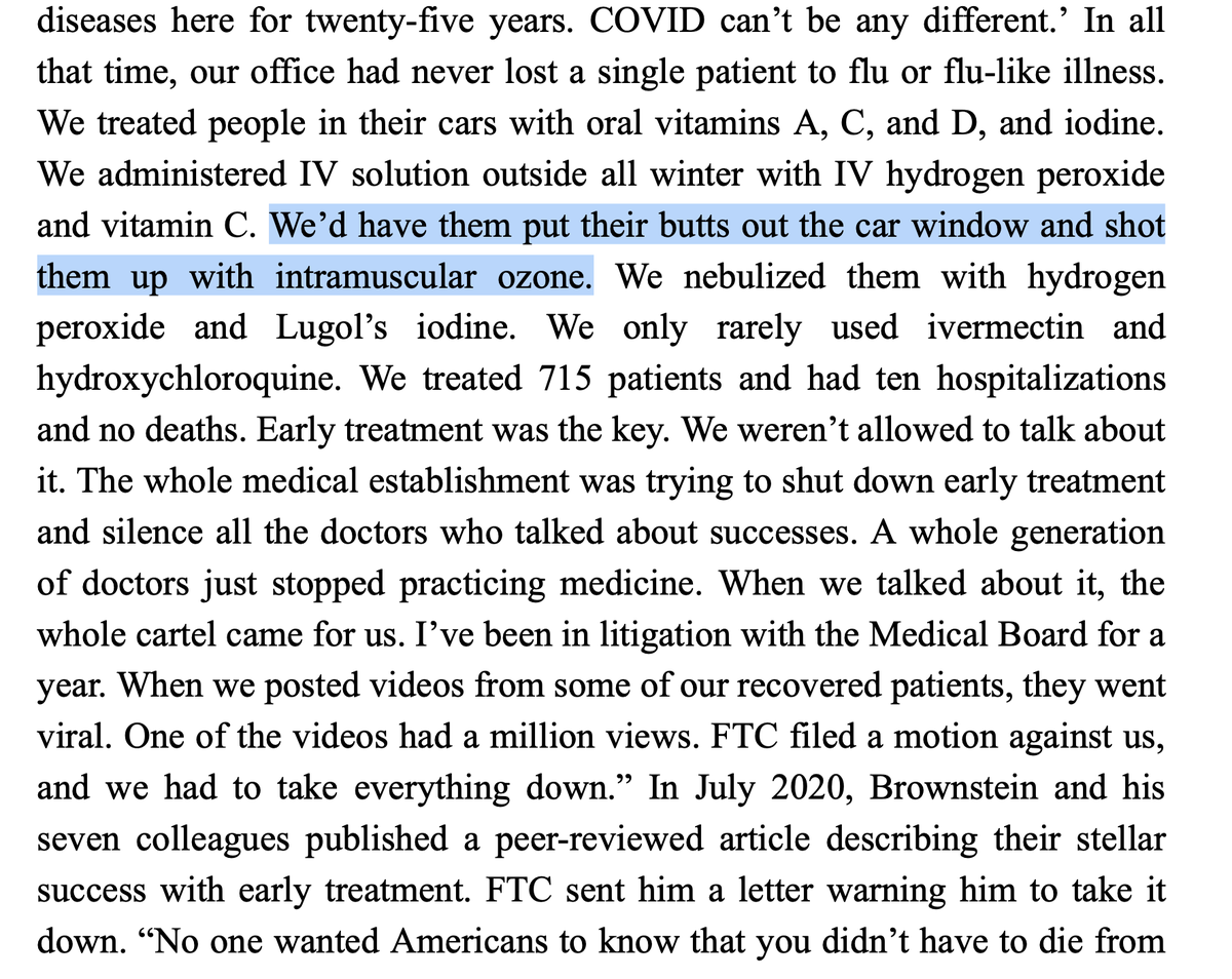 Debunk_the_Funk's tweet image. This is a real page from RFK Jr.'s book where he praises a doctor for injecting ozone into people's butt-cheeks in order to treat COVID. Yup. According to Bobby K., injecting literal ozone into your butt is good, but vaccines are bad...