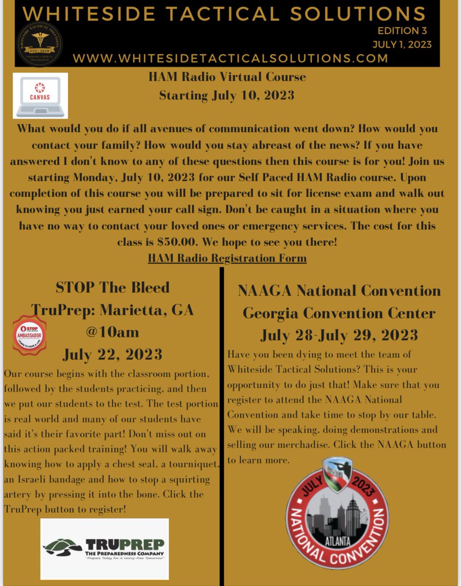 Whiteside_Tac's tweet photo. Curious about where you can find Whiteside Tactical Solutions during the month of July? Check out our monthly newsletter. Make sure that you also check out our linktree which is linked here: https://t.co/bxpkZNbBGg
We hope to see you at our events in July!
#ham #stopthebleed https://t.co/mhBW71cvss