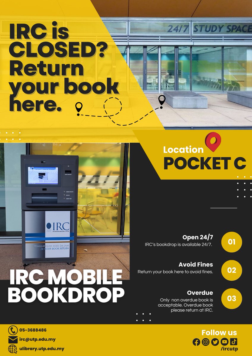 IRCUTP's tweet photo. Return your book at IRC Mobile Book Drop.

Location 📷 IRC 24/7 Study Space, Pocket C

Disclaimer : Kindly visit IRC Circulation Counter if your book already overdue.

#UTPinME #IRConline #IRCbookdrop #librarybookdrop https://t.co/fnK7PjkK6T