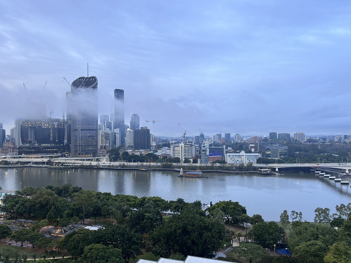 #HERDSA2023 begins with workshops today at #QUT Gardens Points Campus over yonder. Lovely morning!!! ID: Photo of QUT looking over Brisbane River from #Emporium Hotel #Southbank.