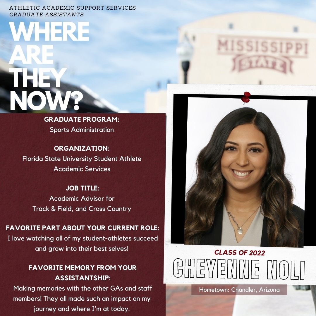 HailStateStudy's tweet photo. GA Where Are They Now:

𝓒𝓱𝓮𝔂𝓮𝓷𝓷𝓮 𝓝𝓸𝓵𝓲

Cheyenne’s hard work showed for itself when she was hired on as the Track &amp; Field/Cross Country Advisor at @FSUSAAS . We appreciate the continued work you’re putting in for your student-athletes! 🐶

#GAWhereAreTheyNow #hailstate https://t.co/5bSv9yKe1k