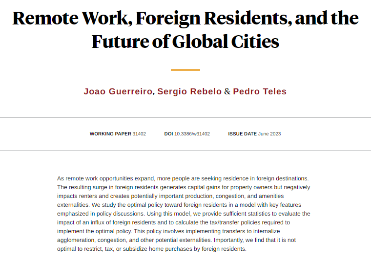 nberpubs's tweet photo. Optimal policy toward foreign residents involves implementing transfers to internalize agglomeration and congestion externalities but not restricting or taxing home purchases by foreign residents, from @jptguerreiro, @SergioRebelo6, and Pedro Teles https://t.co/VGNzGcwsSB https://t.co/49GRuNpsT5