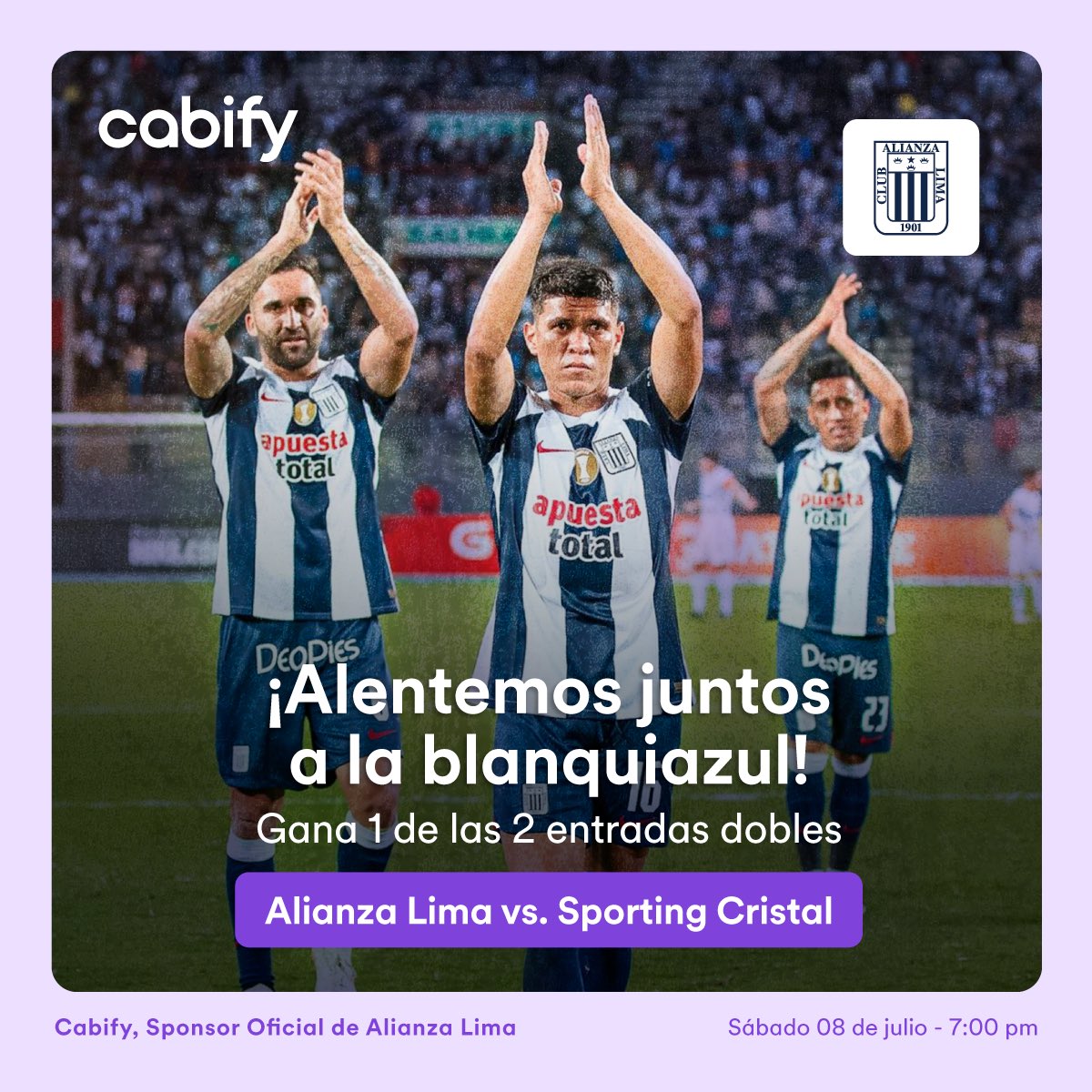 Cabify Perú (@cabify_peru) on Twitter photo ¡¡SORTEOO!! Te llevamos al <a href="/alianzalima/">Alianza Lima</a> vs. @clubscristal. ⚽️Para participar, sigue estos pasos:
1️⃣Sigue a <a href="/Cabify_Peru/">Cabify Perú</a> en Twitter.
2️⃣RETWITTEA este tweet usando el #ALestadioConCabify y etiqueta con quién irías.
Tienes hasta las 3pm del viernes 07/07 para participar. ‼️ ¡¡SORTEOO!! Te llevamos al <a href="/alianzalima/">Alianza Lima</a> vs. @clubscristal. ⚽️Para participar, sigue estos pasos:
1️⃣Sigue a <a href="/Cabify_Peru/">Cabify Perú</a> en Twitter.
2️⃣RETWITTEA este tweet usando el #ALestadioConCabify y etiqueta con quién irías.
Tienes hasta las 3pm del viernes 07/07 para participar. ‼️