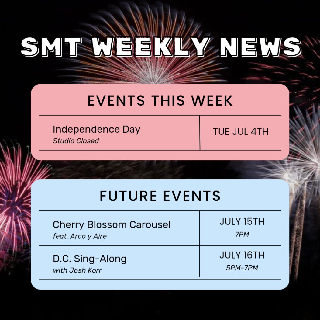 The studio will be closed on Tuesday, July 4th, in observance of Independence Day. Enjoy the holiday, and stay safe! 🎶