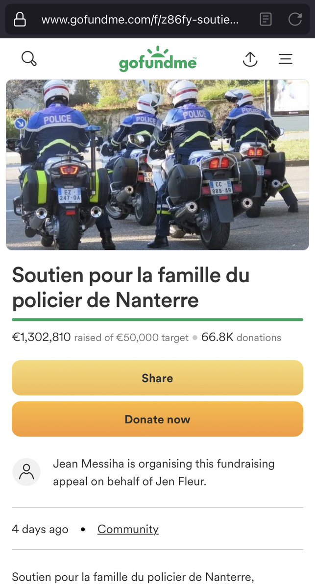 So a GoFundMe for the family of the cop who shot a 17 year-old kid raised €1.3 million in four days 🤯 #Nanterre
