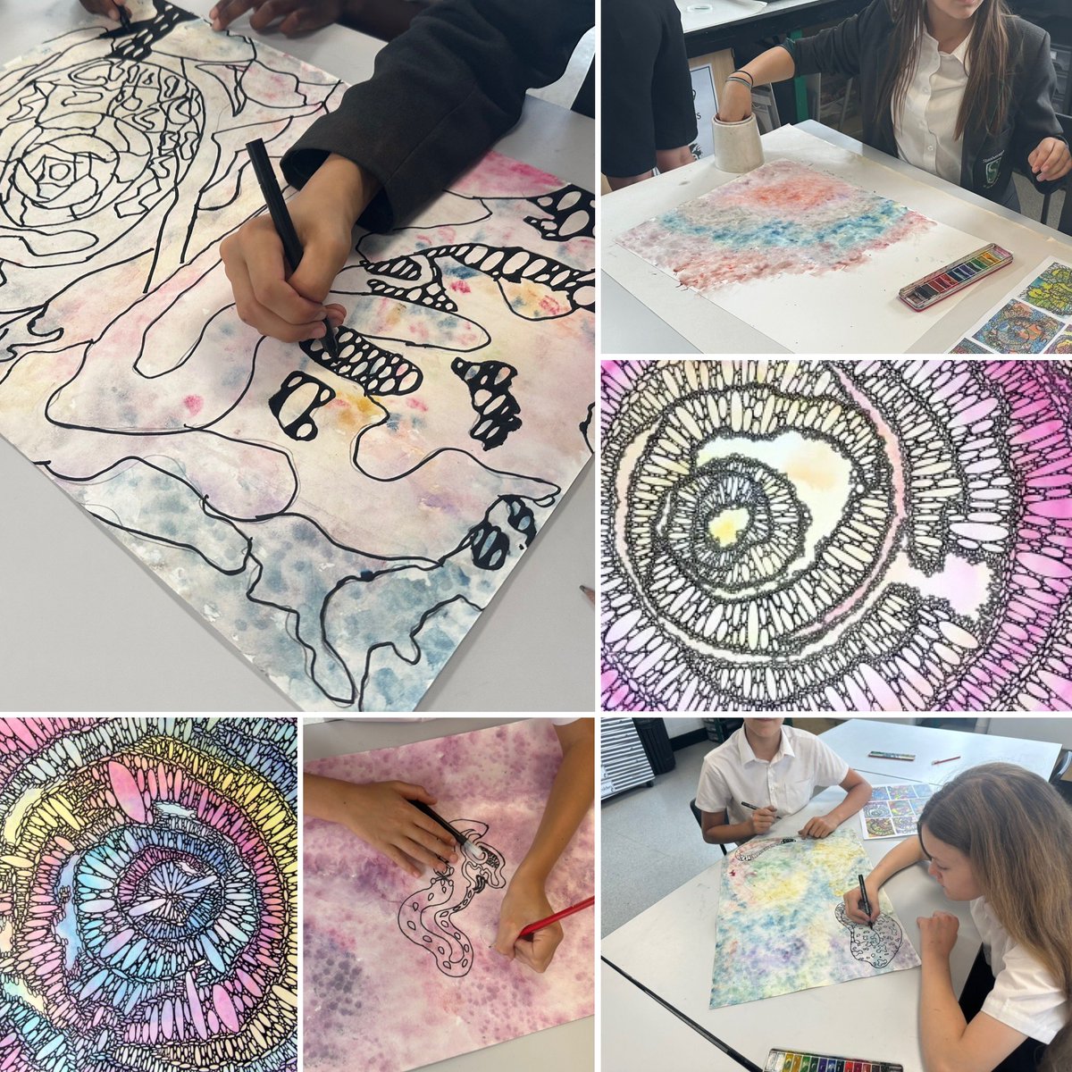 Stanb_ADT's tweet image. Year 7 collaborate together in response to the CELLS SERIES using watercolour and pen  #scienceandart #crosscurricular @StanboroughS