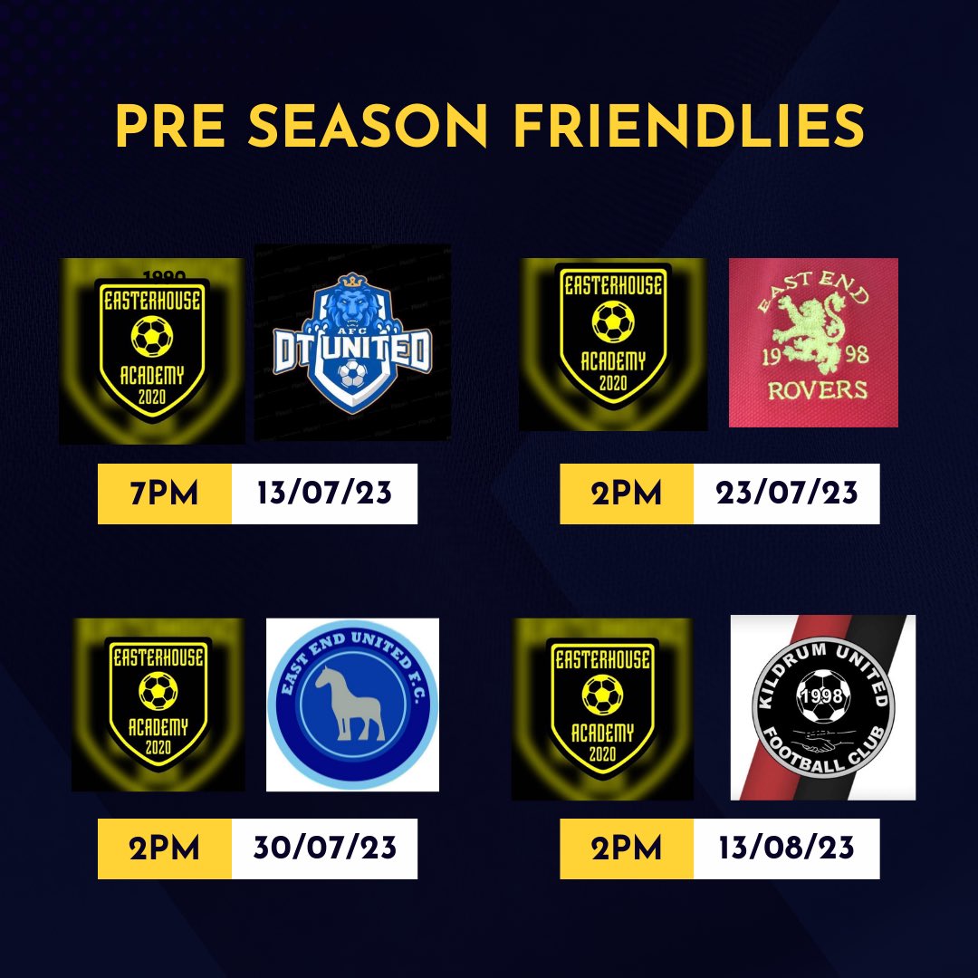 EasterhouseFAS's tweet photo. Pre season 2023 🟡⚫️

DT United AFC - 13th July - Greenfield - 7pm

@EastendRovers - 23rd July - Stepford - 2pm

East end utd - 30th July - Stepford - 2pm

@kildrum_united - 13th August - Stepford -2pm https://t.co/5nXr3ylkq0