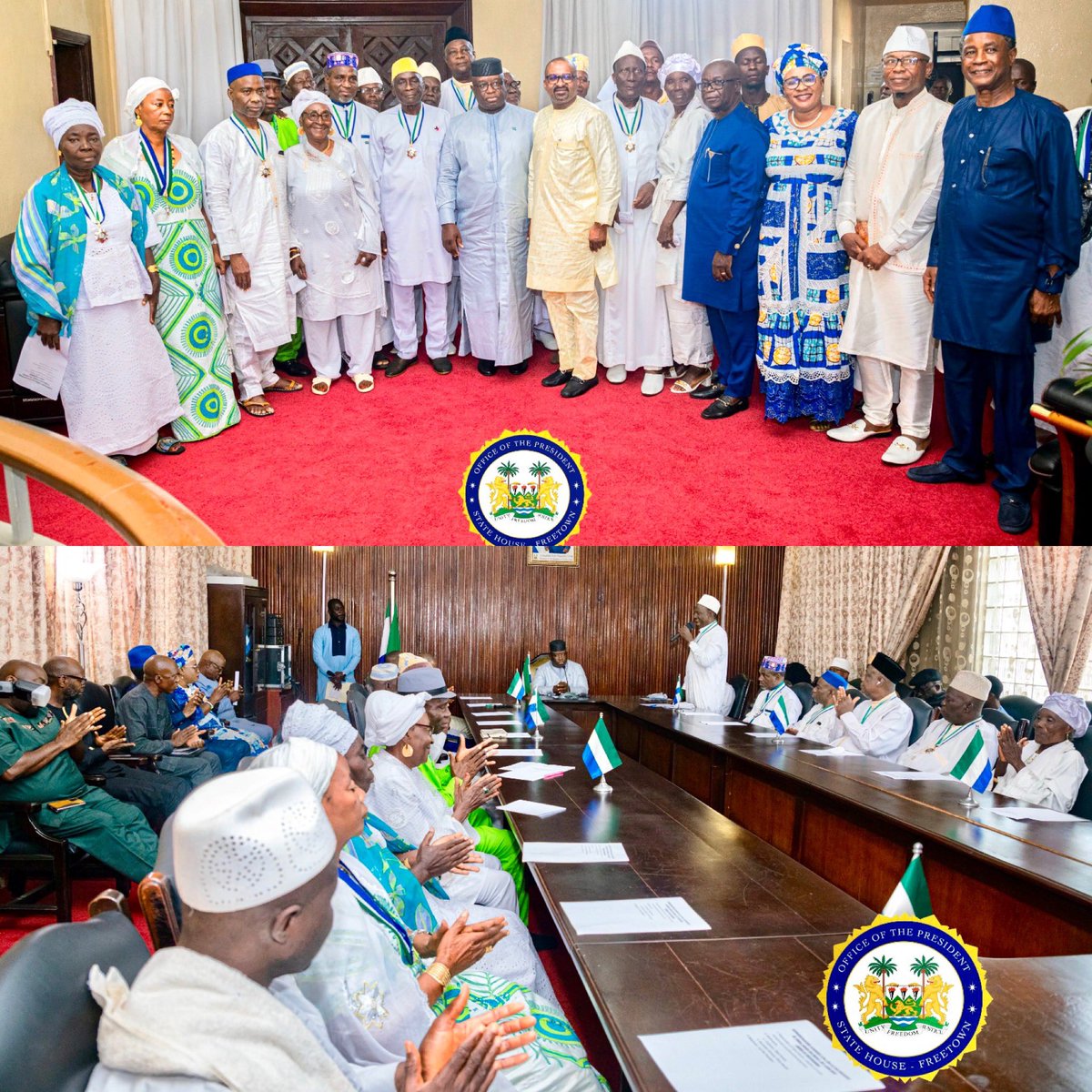 julius_maadabio's tweet photo. In furtherance of my resolve to bring together all stakeholders to forge a common front to unite the country towards the onerous task of good governance and nation-building, I warmly received the Western Area Tribal Heads, our revered Paramount Chiefs and the United Council of Imams who called on @VP_Jalloh and I at the State House to congratulate us on our re-election for a second-term mandate.

These key stakeholders represent an integral part of our country as the custodians of our culture, traditions and religion. They also play an important role in fostering the priceless #peace that we have enjoyed as a nation. 

We discussed ways of renewing our commitment to peace and #unity and also charged them to take our message of hope, unity and #progress to their respective communities. 

I thanked them for contributing immensely towards establishing #SierraLeone as a beacon of hope and a model for peace and religious harmony in the world.