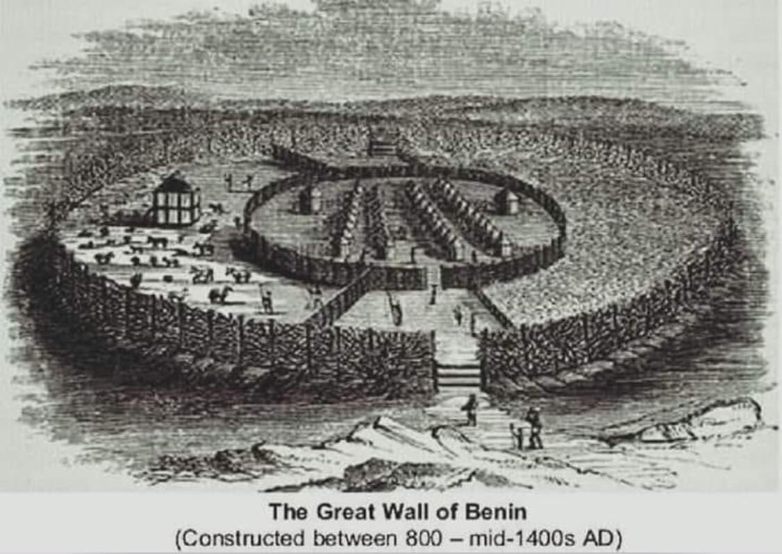 Joe__Bassey's tweet photo. THE GREAT WALL OF BENIN - 1400 AD

The Guinness Book of Records (1974 edition) described the walls of Benin City and its surrounding kingdom as the world’s largest earth works carried out. Benin City walls were at one point "Four times longer than the Great Wall of China, and consumed a hundred times more material than the Great Pyramid of Cheops

For over 400 years the Walls existed, it protected the inhabitants of the kingdom, particularly, the traditions and civilisations of the Edo people until it was ravaged in 1897 by the British.

The walls which are four times longer than the Great Wall of China, are a combination of strong materials like ramparts and moats, which predated the use of modern earth-moving equipment and technology, and were used for defensive purposes.

#Africa