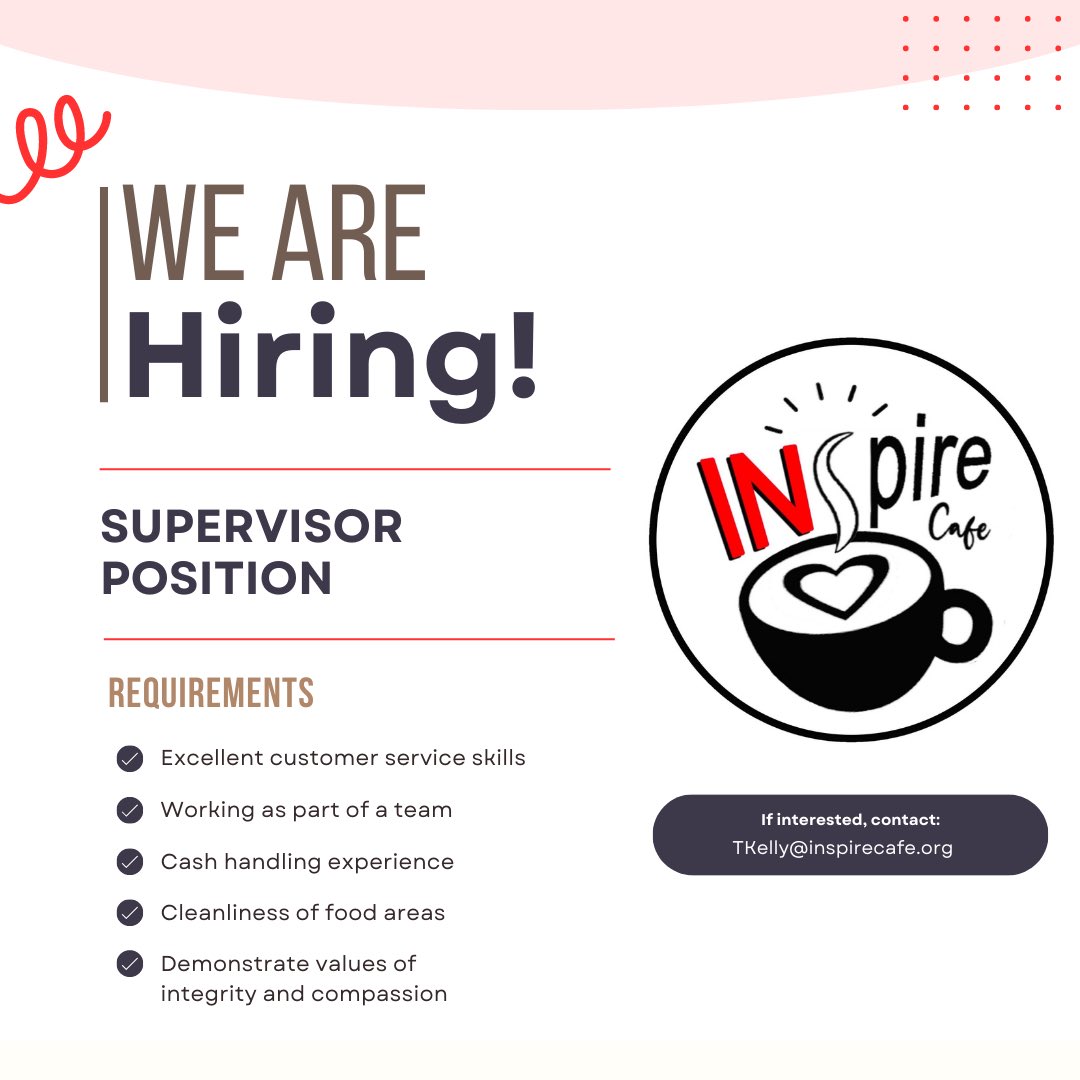 Weekday Evenings and Weekend Day Supervisors at the INspire Cafe Pop-Up Slush Stand, a collaboration with the Boys &amp; Girls Club of Wakefield and Stoneham. The main responsibilities of this role are included below. Email TKelly@inspirecafe.org if interested.