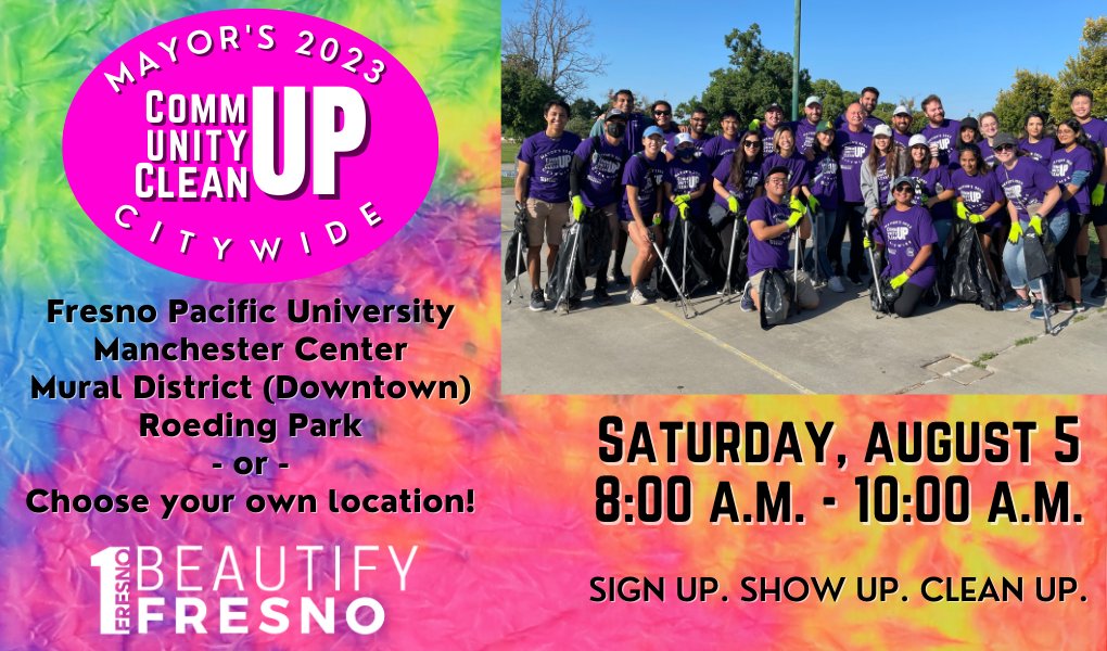 BeautifyFresno's tweet photo. We're only one month away from the 2023 Mayor's Citywide Community CleanUP Day, our biggest cleanup event of the year!!! 

Join hundreds of Beautify Fresno volunteers on Saturday, August 5 at 1 of 4 cleanup sites or choose your own. 

Visit https://t.co/kw5urVCtFH for more info. https://t.co/wpJGyucwmP