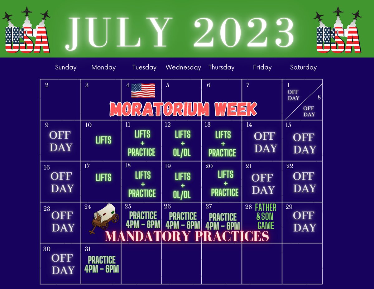 July Calander 
1. Banners + Paperwork during by mandatory practices
2. Register My Athlete is yo be completed by the end of this month
3. Mandatory start July 24th
LFG!!!