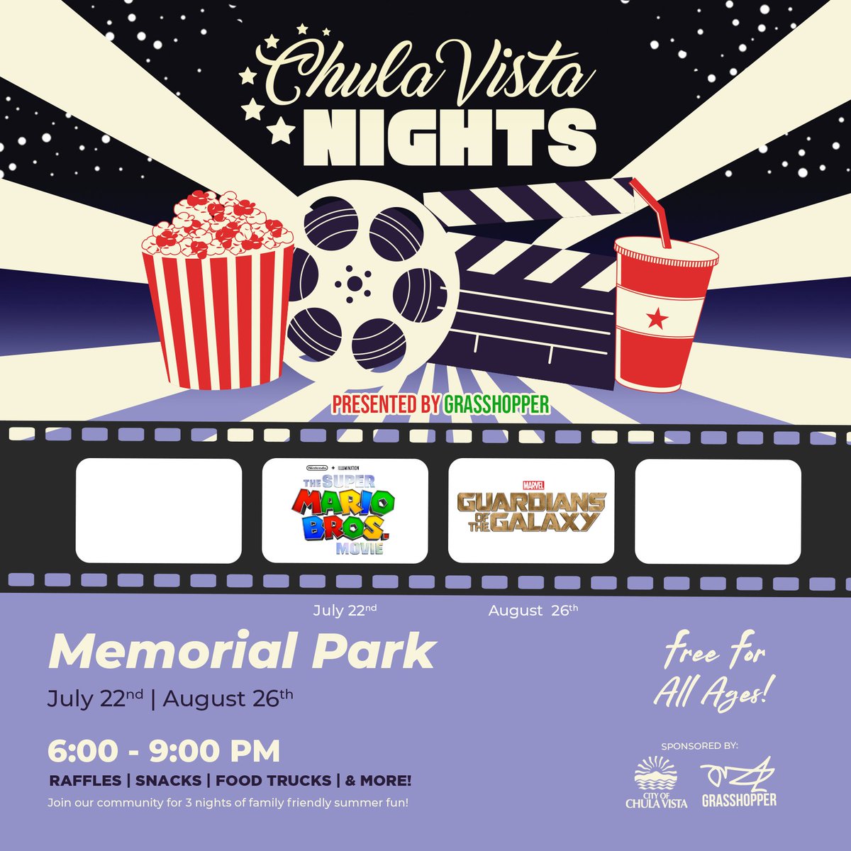 Join us for Chula Vista Nights 🎉 a free outdoor movie series🎥🍿 Don't miss the first movie, "The Super Mario Bros Movie," on July 22 from 6-9 p.m. at Memorial Park. Enjoy food trucks, giveaways, and a chance to win a Nintendo Switch! Don't miss out on this free community event!