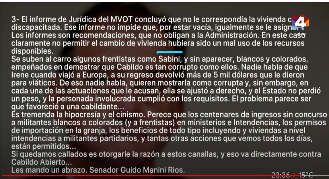 tatisabini's tweet photo. Senador @GuidoManiniRios: No me subo a ningún carro, este tipo de expresiones no me amedrentan. El Poder Legislativo ejerce la función de contralor sobre el Ejecutivo ante denuncias graves, estos son los hechos.

El caso del informe de ayer en @santotv4  es el N°15, esperamos la respuesta del @Mvot_Uruguay para seguir analizando.