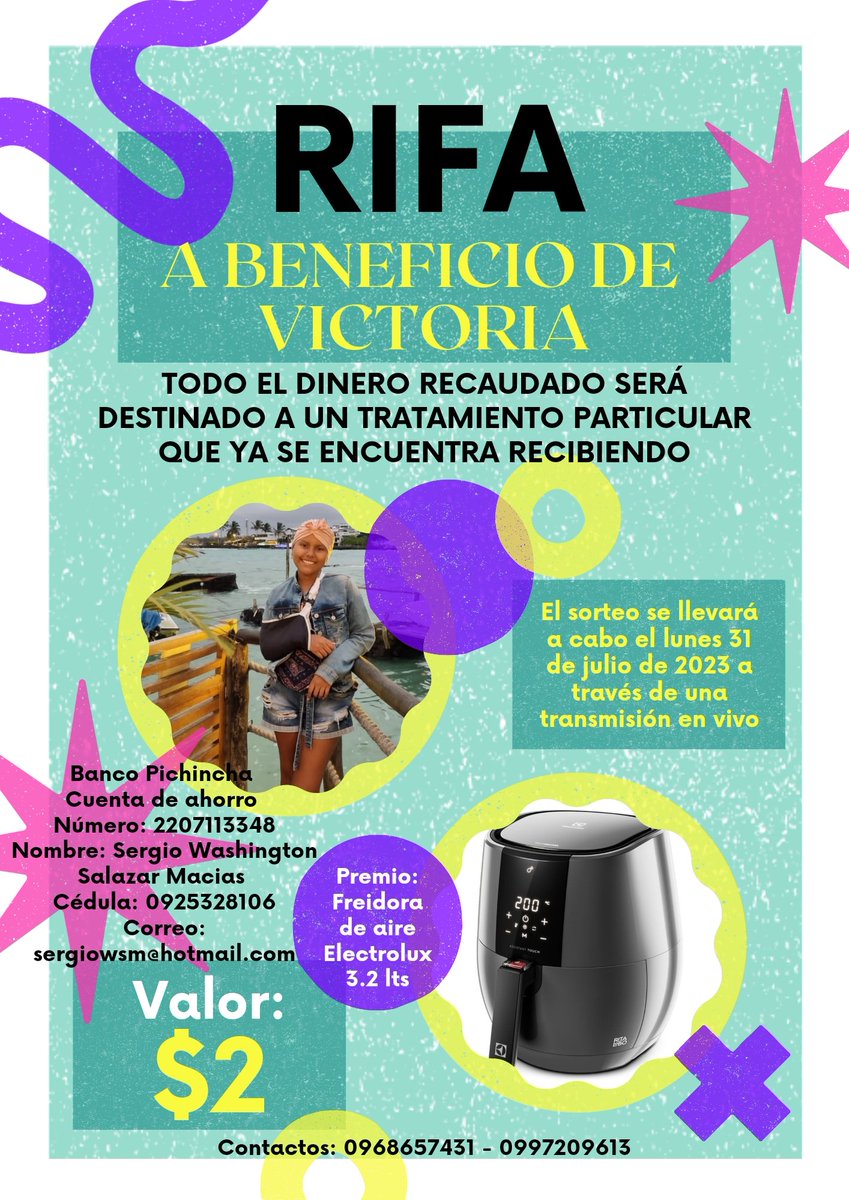 wachosm's tweet photo. Rifa de una freidora de aire Electrolux de 3.2 litros a beneficio de mi hija Victoria Salazar quien está siguiendo un tratamiento particular y necesitamos recaudar fondos. Muchas gracias por su colaboración https://t.co/ydo7aqPdSh