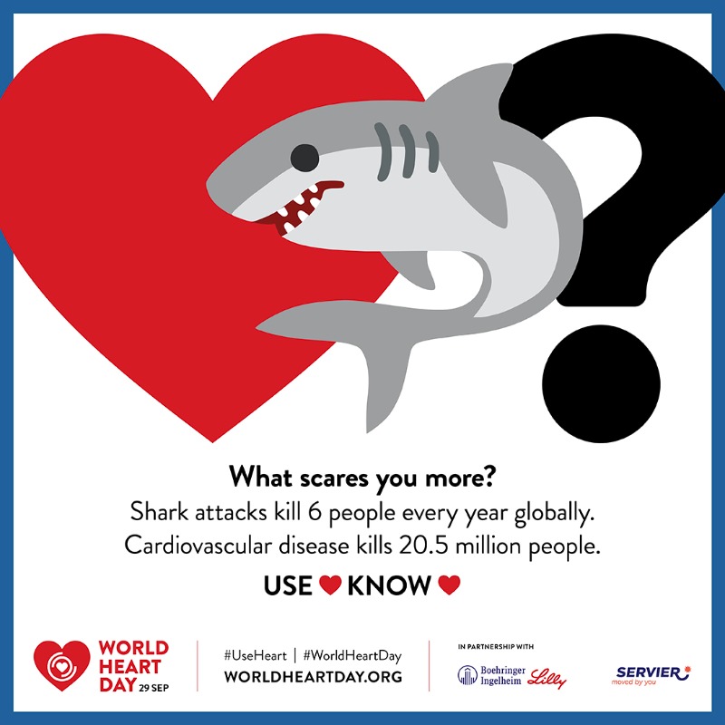 worldheartfed's tweet photo. Here’s a friendly reminder that cardiovascular disease is deadlier than:

Shark attacks 🦈
Snake bites 🐍
Tornadoes 🌪️
Airplane crashes ✈️

Join us tomorrow on #WorldHeartDay: https://t.co/GjHe0KAgpK

USE ❤️ KNOW ❤️ #UseHeart #KnowHeart