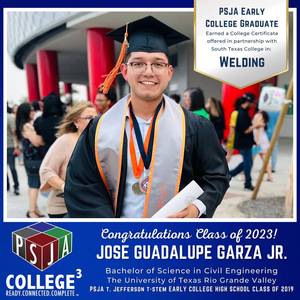 Congratulations to Jose Gudalupe Garza Jr., PSJA T. Jefferson T-STEM ECHS Class of 2019 alum, for earning a Bachelor of Science in Civil Engineering from UTRGV - The University of Texas Rio Grande Valley!

Way to go!

#PSJAProud