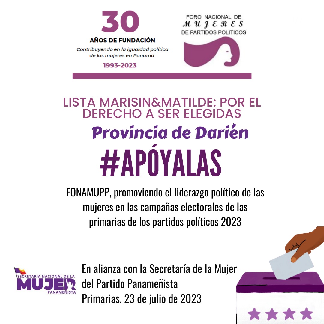 fonamupp's tweet photo. #FONAMUPP continúa con su campaña 𝗟𝗶𝘀𝘁𝗮 𝗠𝗮𝗿𝗶𝘀𝗶𝗻&amp;𝗠𝗮𝘁𝗶𝗹𝗱𝗲: 𝗣𝗼𝗿 𝗲𝗹 𝗱𝗲𝗿𝗲𝗰𝗵𝗼 𝗮 𝘀𝗲𝗿 𝗲𝗹𝗲𝗴𝗶𝗱𝗮𝘀, en esta ocasión dando a conocer el listado de candidatas en las primarias @panamenistas a representantes de corregimiento de la Provincia de Darién. https://t.co/kZvNqaT6IJ