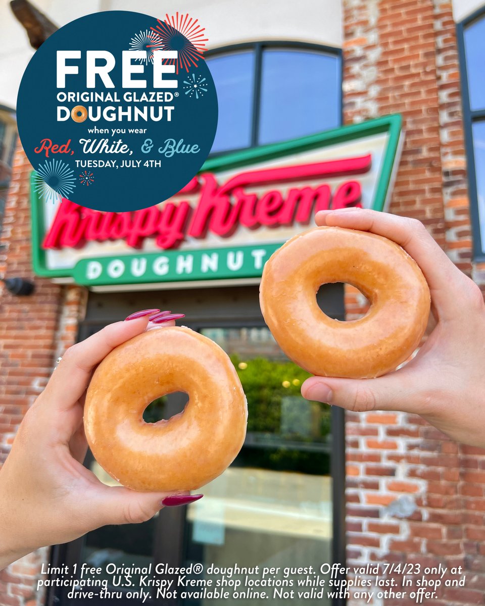 ✨FREE✨ Original Glazed® doughnut when you swing by a shop tomorrow only, July 4th, wearing red, white, &amp; blue! 🍩🚨 RT to share the news!