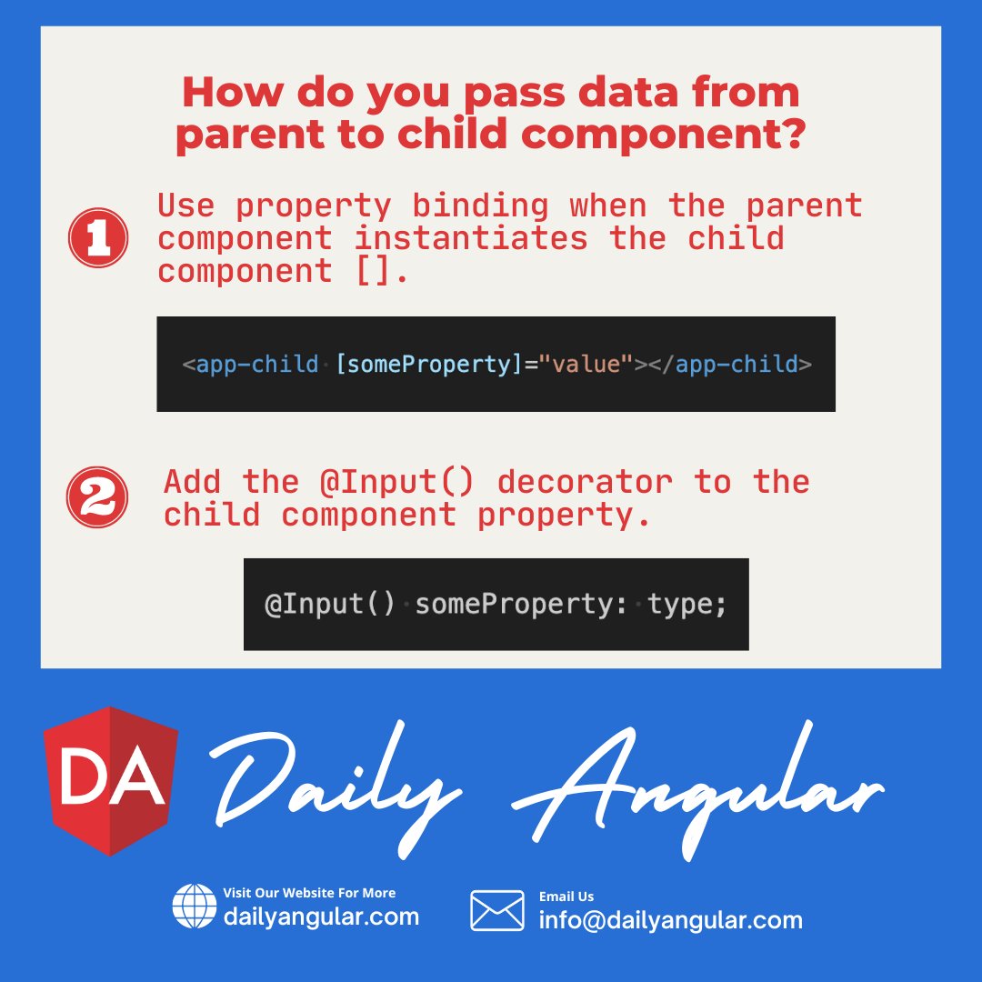 daily_angular_'s tweet image. Passing data from parent components to child components in #Angular is a breeze! Use data binding and @Input decorator to keep them in sync. Embrace modularity, composition, and dynamic updates in your app. #AngularDevelopment #DataFlow
Happy coding! 💻🚀