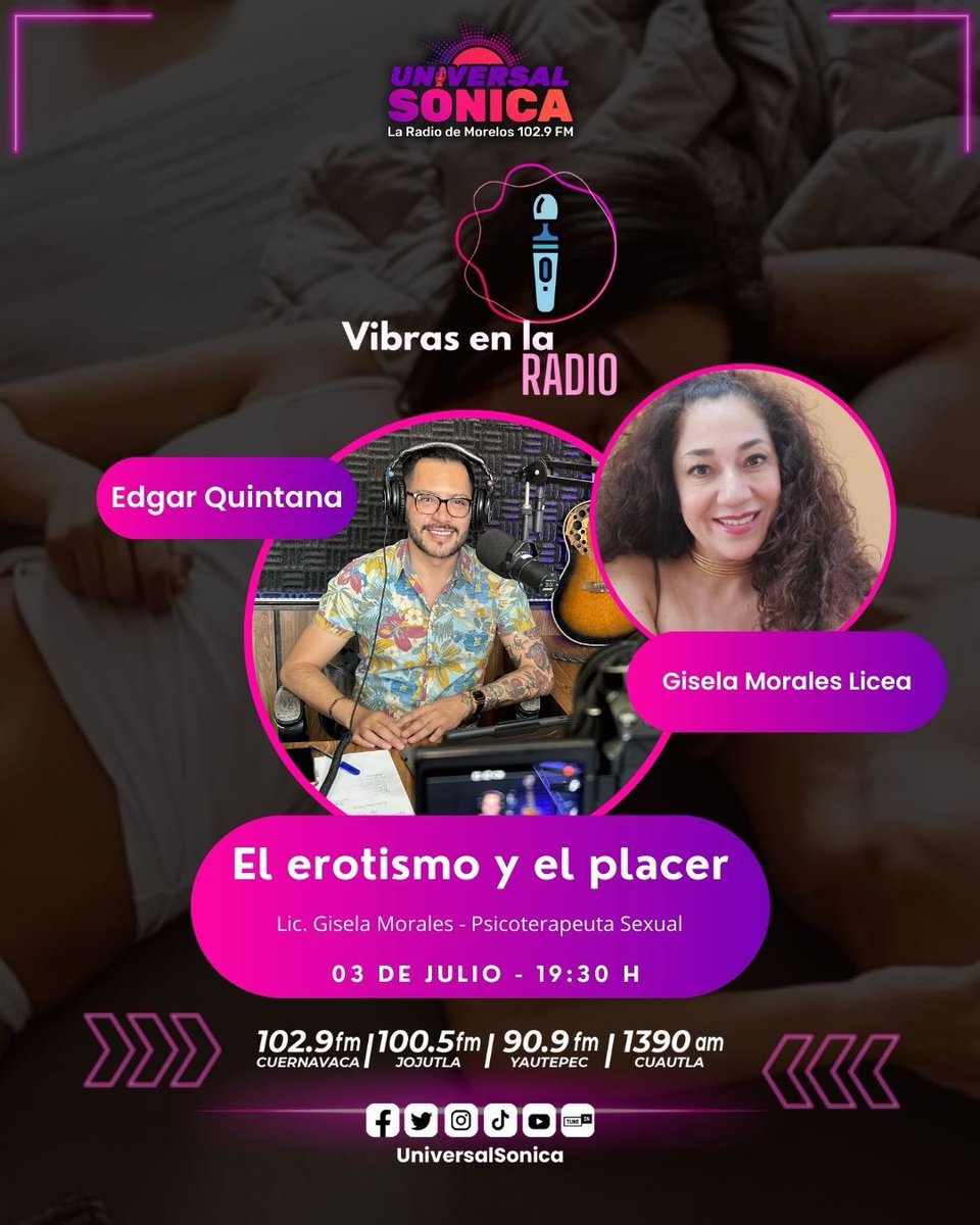 PsiqueSex's tweet photo. Esta noche hablaremos de los 5 sentidos y nuestro #PlacerErótico, con Gisela Morales. No te lo pierdas. 

🔹 https://t.co/Teu5cxJR64 🔸

@psiquesex @Radial314 @edgar_qb @UniversalSonica @IMRyTv_Morelos https://t.co/3yT2XXGSmZ