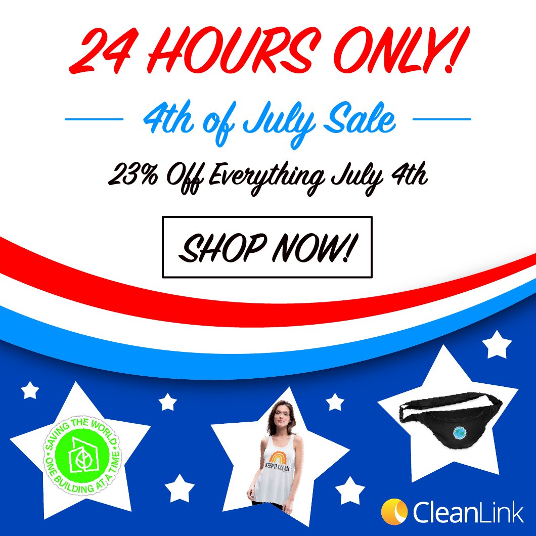CleanLinkNews's tweet image. Celebrate freedom and savings this Fourth of July with our spectacular 24 hour sale! 🇺🇸 Tomorrow only, we're offering 23% off EVERYTHING in our CleanLink Merch Store to celebrate our nation's independence. Start shopping now: bit.ly/43OScWG 
#fourthofjuly #merchstore