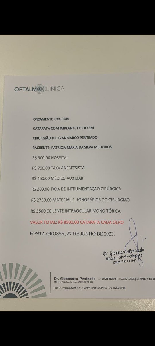 Sei que ninguém gosta de pedidos de ajuda, mas peço licença por ocupar esse espaço pedindo auxílio pra uma cirurgia de emergência que minha filha vai precisar fazer.  Eis o orçamento do médico,  já consegui ajuda em alguns grupos, pra um olho já consegui os recursos...peço ajuda