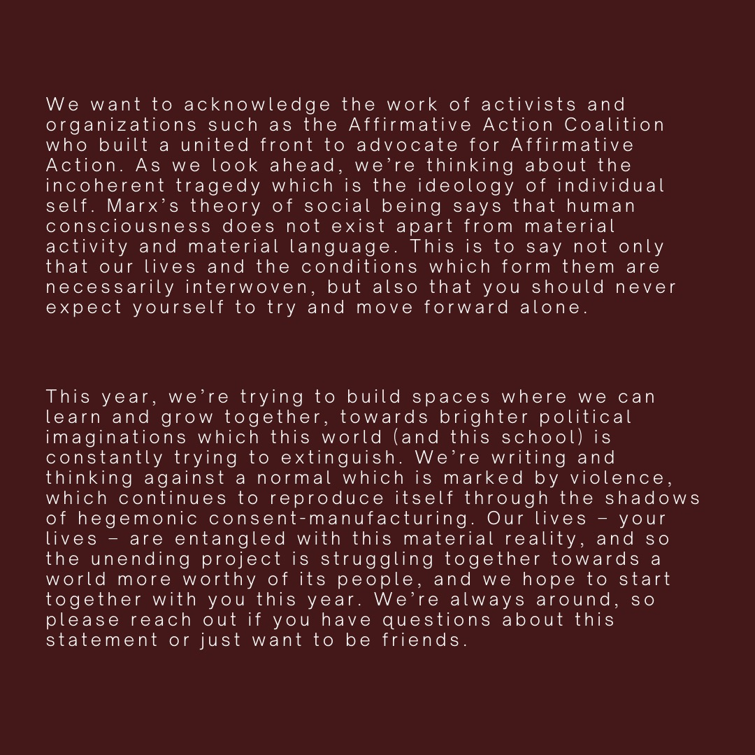 DukeAASWG's tweet photo. "when the reparations we demanded are met with the denial of our existence, then what can we do but shout?" 

our statement on the sffa v. harvard ruling: https://t.co/b47UFXWmHo https://t.co/MlKqPU825Y