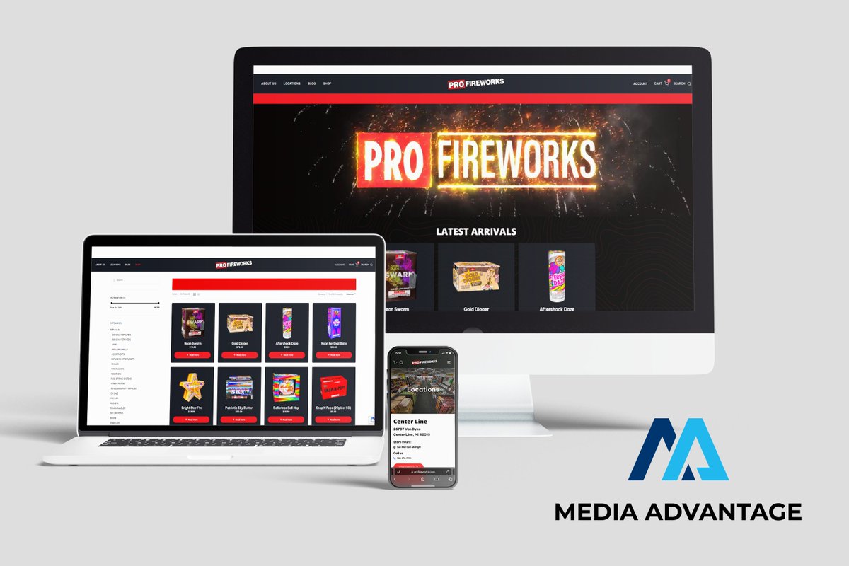 MediaAdvantage's tweet photo. For this site, we created an entirely new WooCommerce website that accurately reflects the inventory of each of the 14 Pro Fireworks Michigan locations. Just in time for the 4th!

So if you're looking to stock up on some fireworks, check them out! https://t.co/6gXAhwPiNL