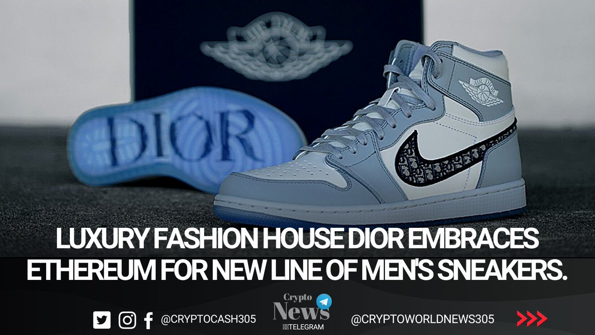 Cryptocash305's tweet photo. Luxury fashion house @Dior has unveiled a new line of men's sneakers that leverages the Ethereum blockchain to offer a matching non-fungible token (NFT).

#Dior #Ethereum #Blockchain
#NFTs #NFT #sneakers #Luxury https://t.co/y2mFMDdi2l