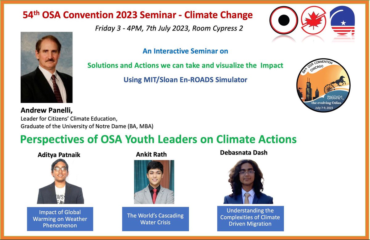 Don’t miss an interesting seminar on #climatechange : Perspectives of OSA Youth Leaders on Climate Actions 

#ଆରୋହୀ #ChicagoOSAConvention
#odisha #odias #usa #chicago #bhubaneswarbuzz