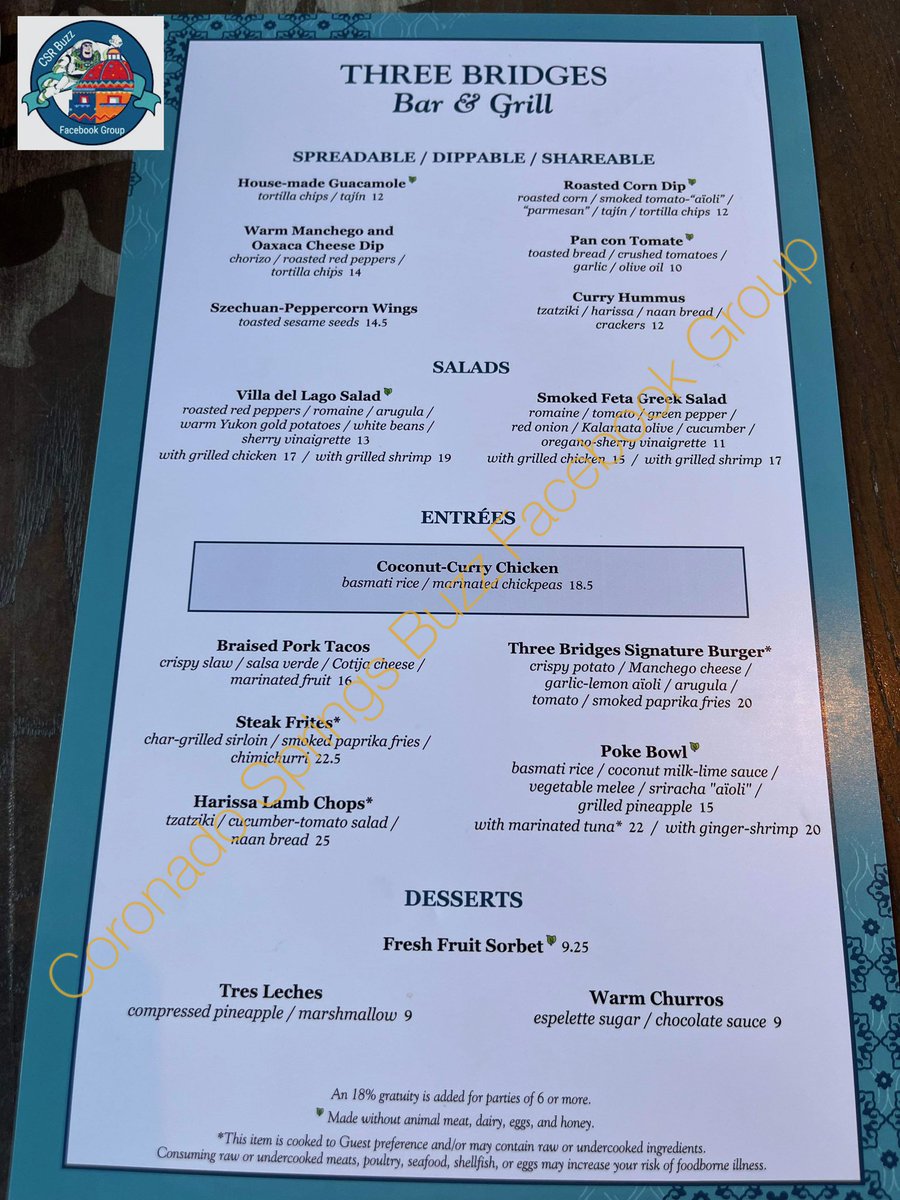 Buzz2001's tweet image. Menus for Three Bridges Bar and Grill at Villa del Lago. #CSRBuzz #coronadosprings #coronadospringsresort