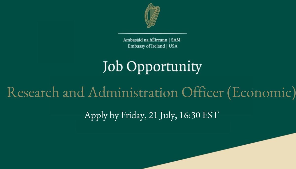 We're #hiring!

Our #Economic team seek a Research and Administration Officer to undertake analysis and reporting on a variety of economic issues, and support the team in an adaptable, solutions-orientated way.

Apply by 21 July 👉dfa.ie/irish-embassy/…